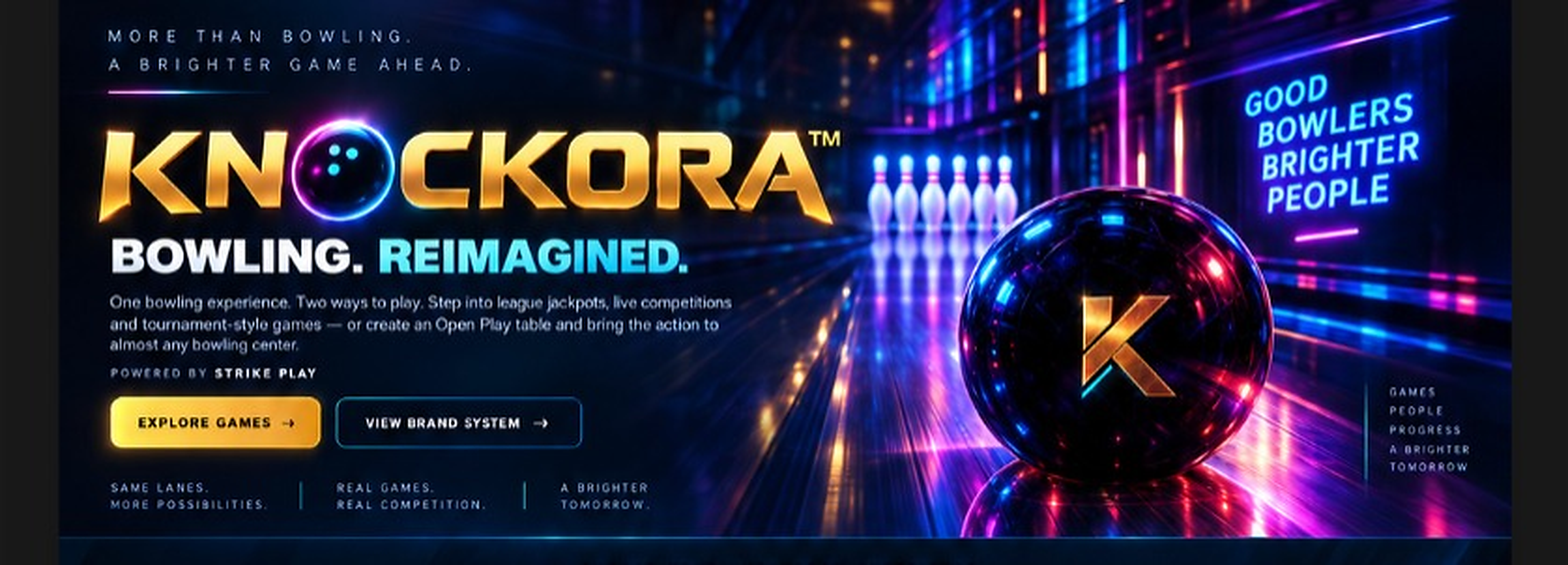 KNOCKORA — Bowling Reimagined neon bowling experience with K bowling ball, pins, and approved brand layout